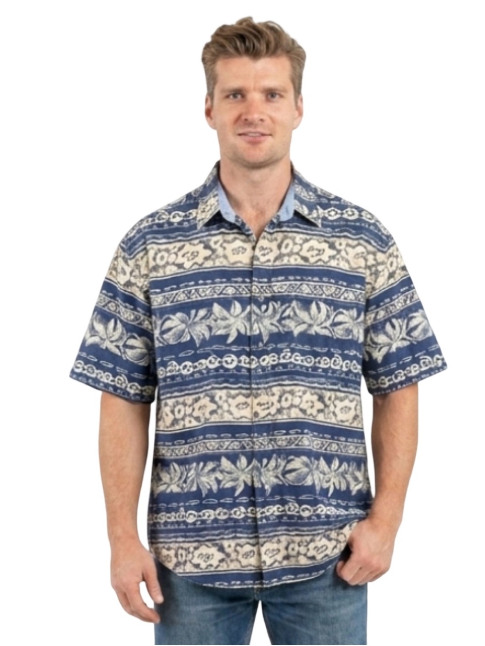 Vintage Bugle Boy Hawaiian Shirt Mens XL Blue Ramie Cotton Tiki Tribal 90s Vtg